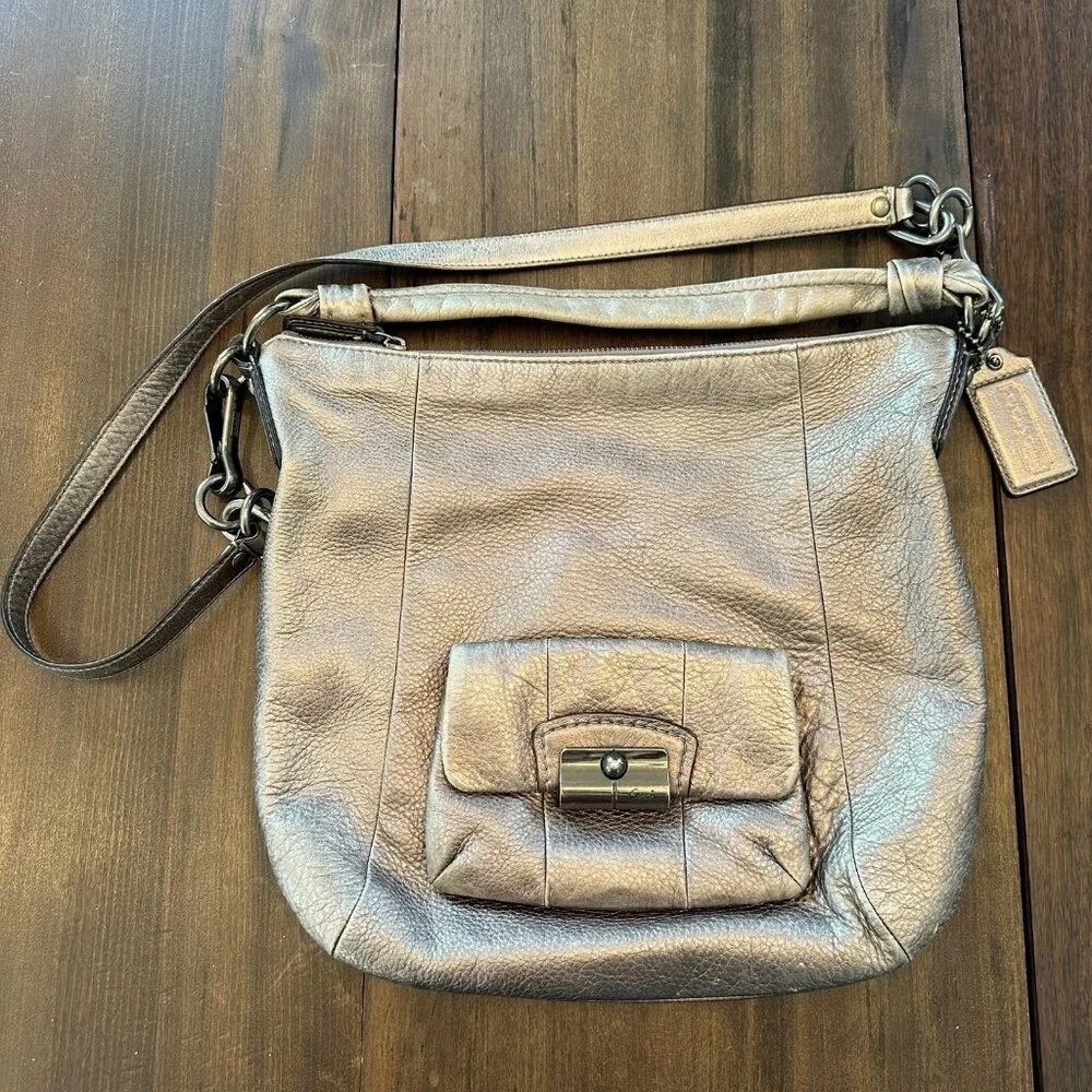 Coach Kristin Metallic Gold Pebbled Leather Hobo Bag Convertible Handbag